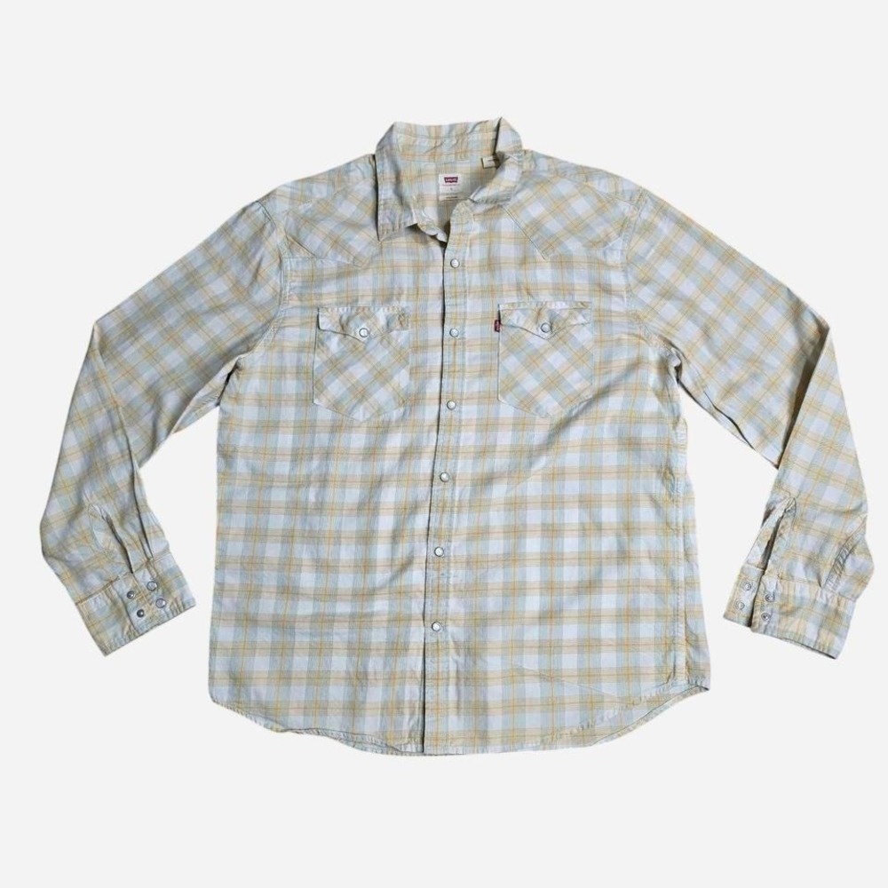 Levis Mens Plaid Western Pearl Snap Shirt Long Sleeve Yellow White Grey Large